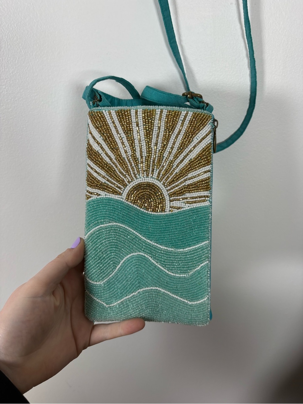 Teal Beaded Sunrise Crossbody Phone Bag